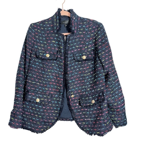 Talbots Navy Rainbow Colorful Speck Tweed Jacket w fringe & gold buttons sz8 NWT